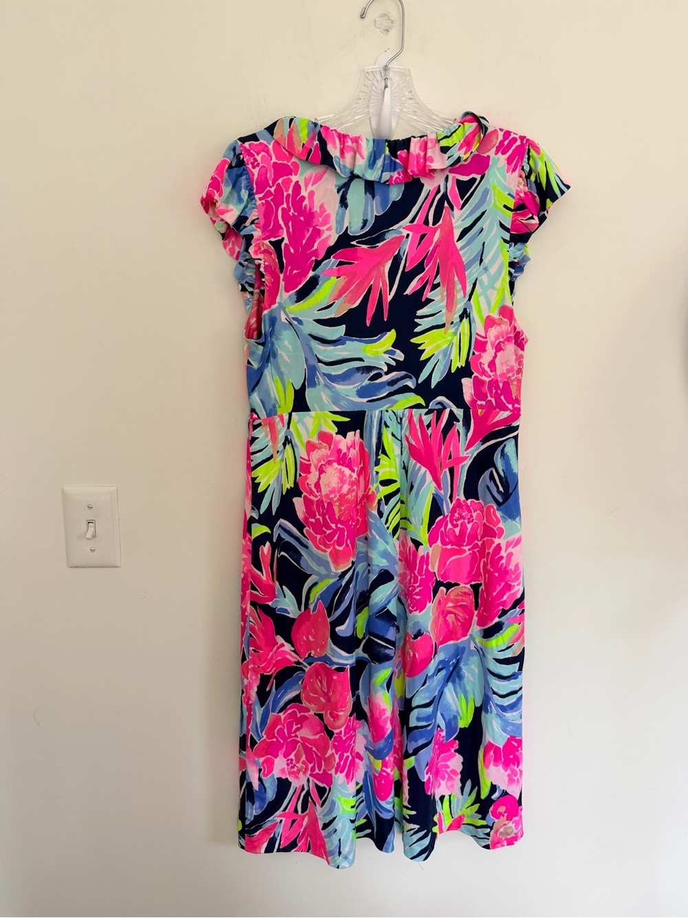 LILLY PULITZER CLARE SILK JERSEY Dress Vibrant Floral Ruffle Neck Pink & Navy L - Picture 8 of 8